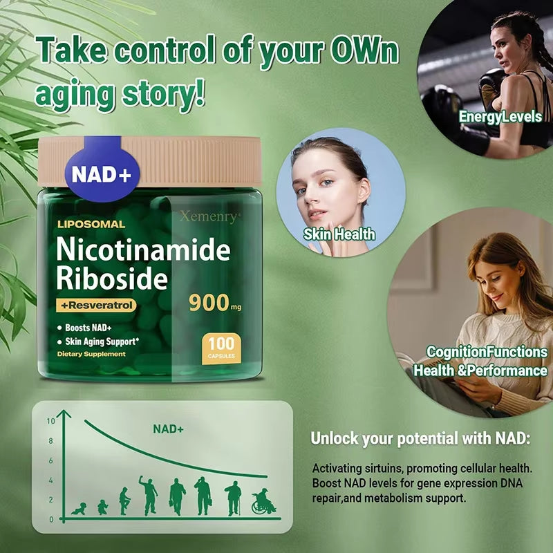 NAD+ Supplement - Anti-Aging, Energy - Liposomal Nicotinamide Riboside Capsules 900Mg with Resveratrol & Quercetin Capsules
